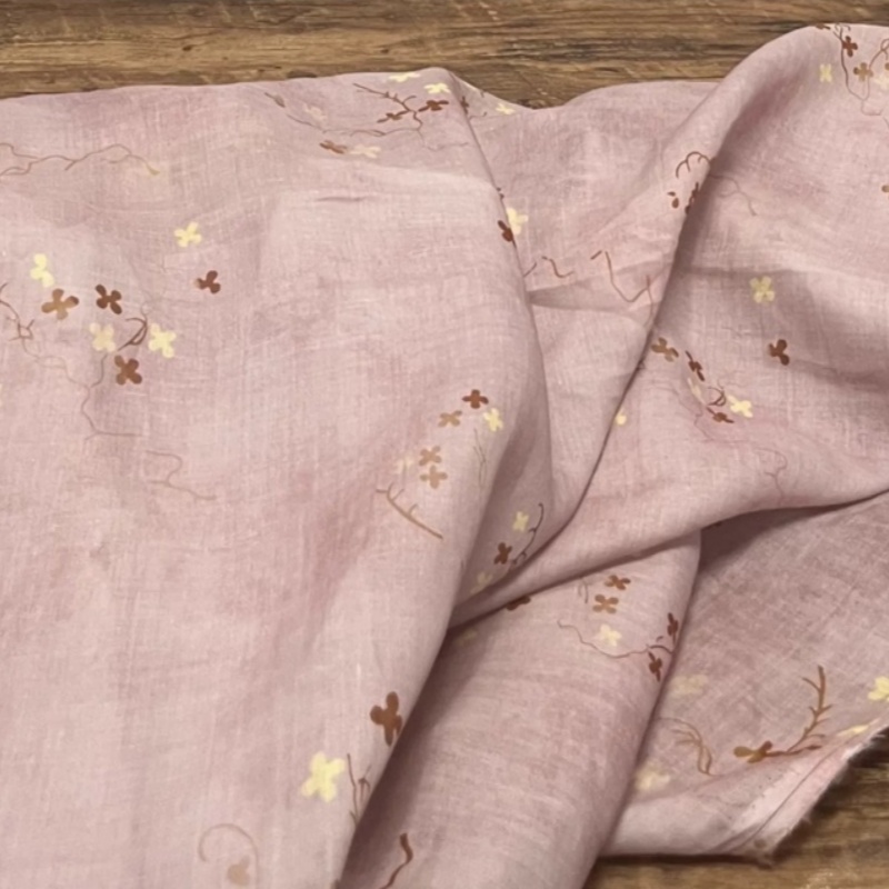 Vintage Sewing Textile - ผ้าลินินผสมรามีสไตล์โบโฮ สีชมพูอมเทา ลายดอกซากุระกิ่งไม้ ลายดอกไม้ วินเทจ น้ำหนักเบา